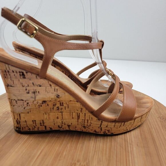 Salvatore Ferragamo Platform Cork Wedges Brown Leather Sandals Size 8.5 B Italy - Picture 7 of 16